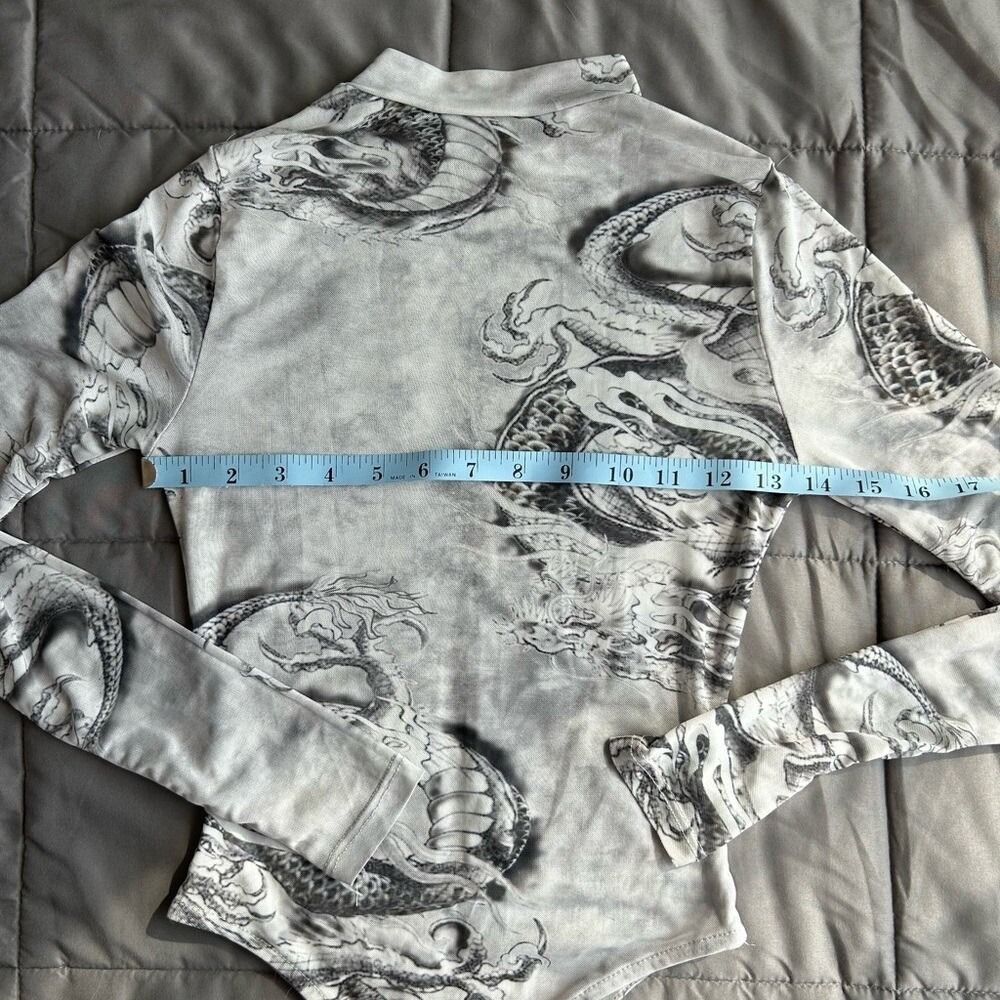 Vintage y2k Gray Dragon‎ Water Print sheer longsleeve Bodysuit small - Picture 8 of 8